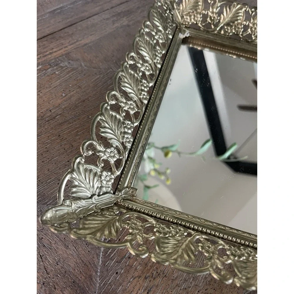 Vtg Mirrored Vanity Tray Gold Filigree Rectangle Hollywood Regency Dresser Decor